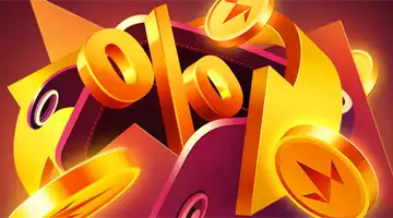 Изображение золотого символа процента в окружении золотых монет, символизирующее кэшбэк-бонус в Aurora Интернет-казино.